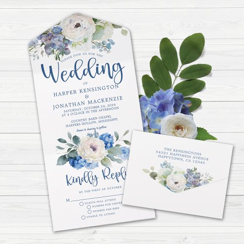 Rustic Elegant Blue Floral Wedding All In One Invitation