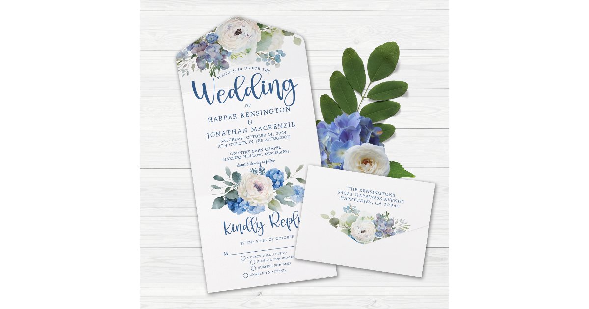 Rustic Elegant Blue Floral Wedding All In One Invitation | Zazzle