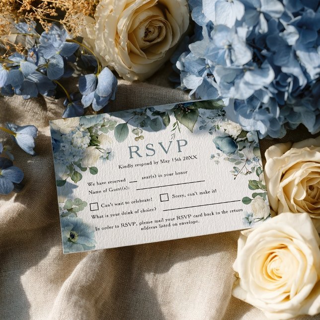 Rustic Elegant Blue Hydrangea Ivory Rose Wedding RSVP Card (Rustic Elegant Blue Hydrangea Ivory Rose Wedding RSVP Card)