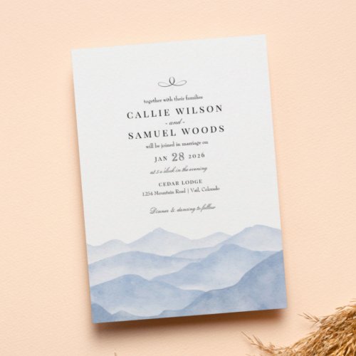 Rustic Elegant Blue Mountain Watercolor Wedding Invitation