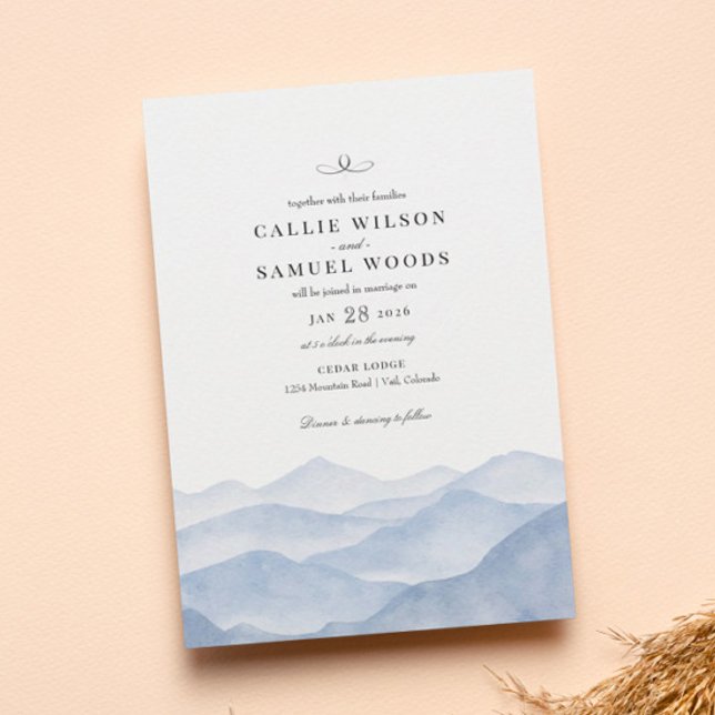 Rustic Elegant Blue Mountain Watercolor Wedding Invitation (Creator Uploaded)