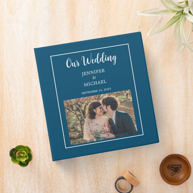 Rustic elegant blue photo Wedding album 3 Ring Binder (In Situ)