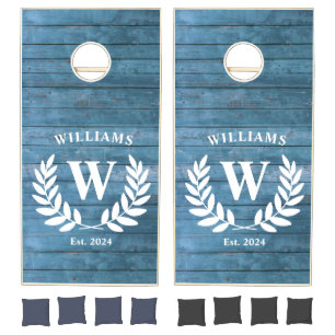 Rustic Elegant Blue Wood Custom Family Monogram Cornhole Set