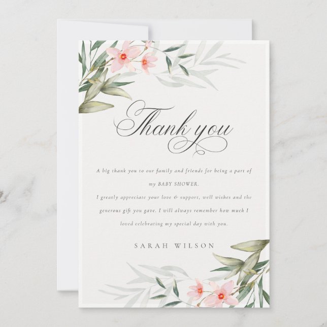 Rustic Elegant Blush Greenery Floral Baby Shower Thank You Card (Front)