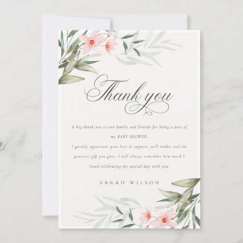 Rustic Elegant Blush Greenery Floral Baby Shower Thank You Card