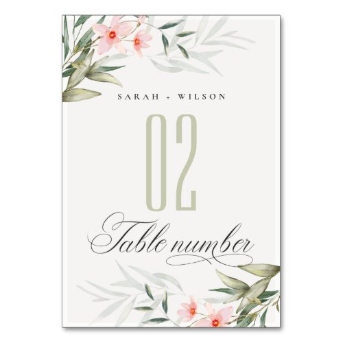 Rustic Elegant Blush Greenery Floral Wedding Table Number