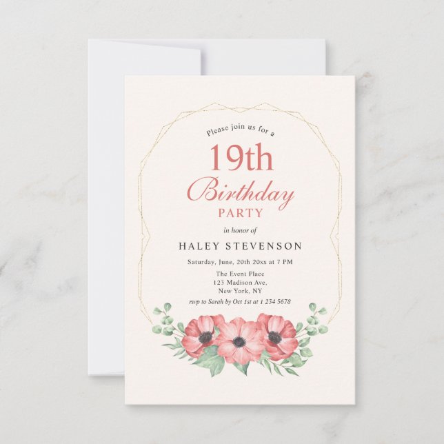 Rustic Elegant Blush Pink Floral 19th Birthday Invitation (Front)