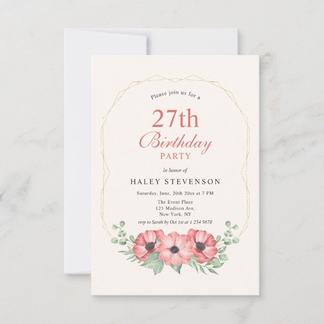 Rustic Elegant Blush Pink Floral 27th Birthday Invitation (Front)
