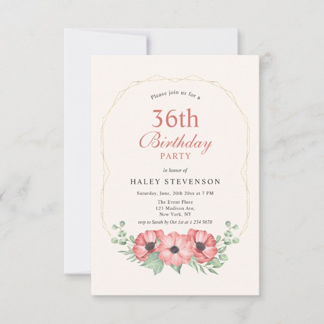 Rustic Elegant Blush Pink Floral 36th Birthday Invitation (Front)