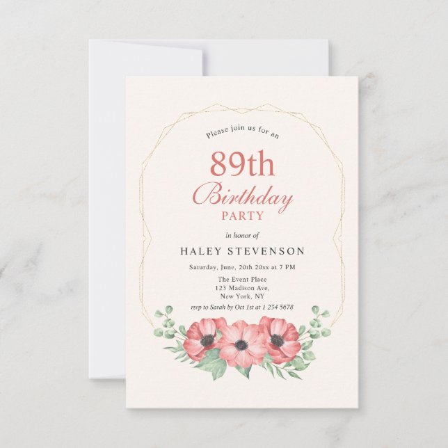 Rustic Elegant Blush Pink Floral 89th Birthday Invitation (Front)