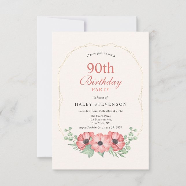 Rustic Elegant Blush Pink Floral 90th Birthday Invitation (Front)