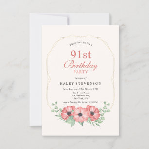 Rustic Elegant Blush Pink Floral 91st Birthday Invitation