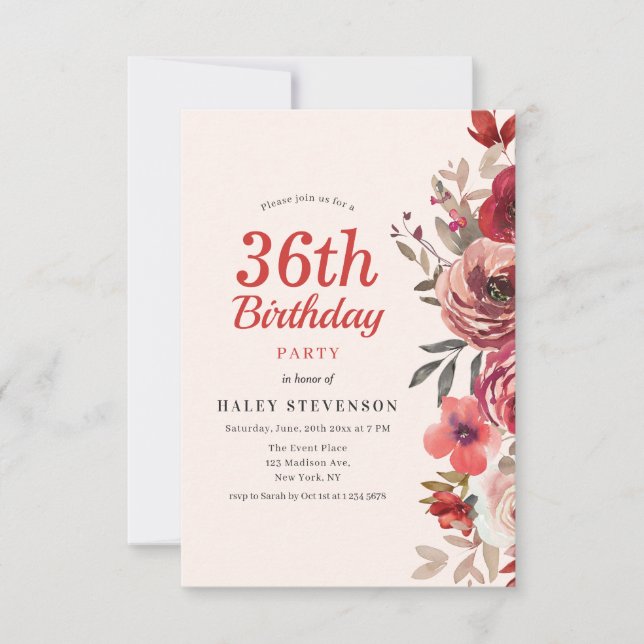 Rustic Elegant Boho Chic Floral 36th Birthday Invitation (Front)
