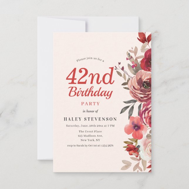 Rustic Elegant Boho Chic Floral 42nd Birthday Invitation (Front)