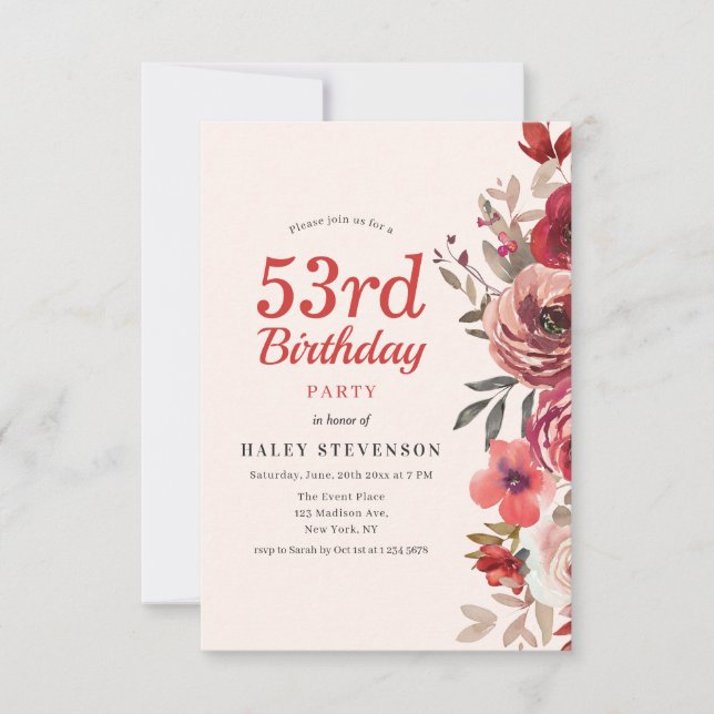 Rustic Elegant Boho Chic Floral 53rd Birthday Invitation (Front)