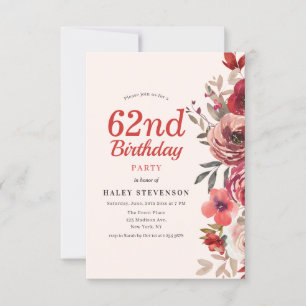 Rustic Elegant Boho Chic Floral 62nd Birthday Invitation