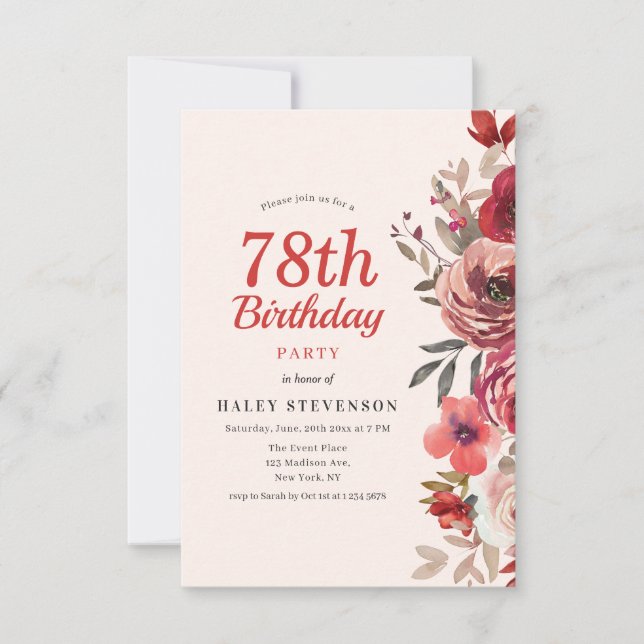 Rustic Elegant Boho Chic Floral 78th Birthday Invitation (Front)
