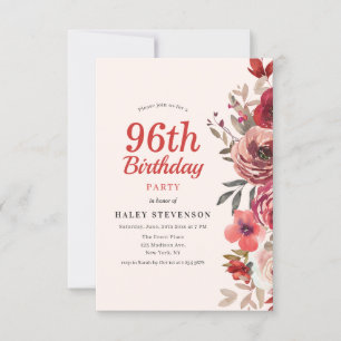 Rustic Elegant Boho Chic Floral 96th Birthday Invitation