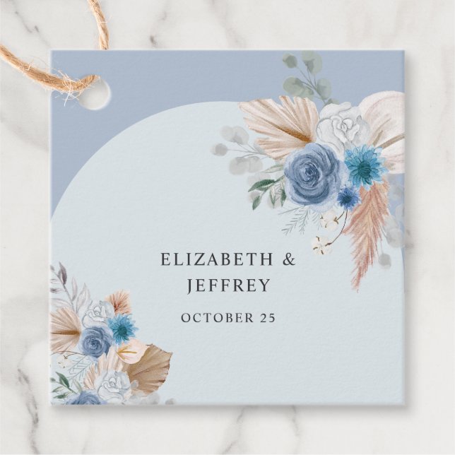 Rustic Elegant Boho Dusty Blue Pampas Wedding Favor Tags (Front)