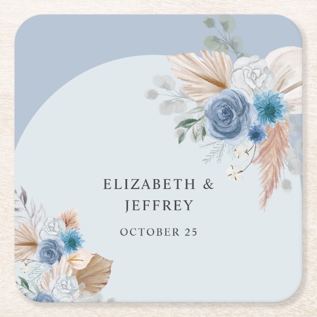 Rustic Elegant Boho Dusty Blue Pampas Wedding Square Paper Coaster (Front)