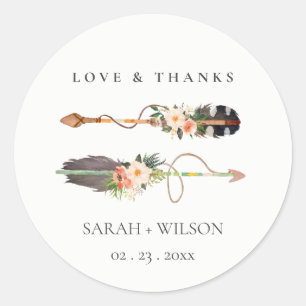 Rustic Elegant Boho Feather Floral Arrow Wedding Classic Round Sticker
