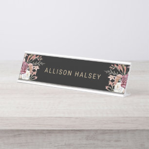 Rustic Elegant Boho Floral on Black with Name Desk Name Plate