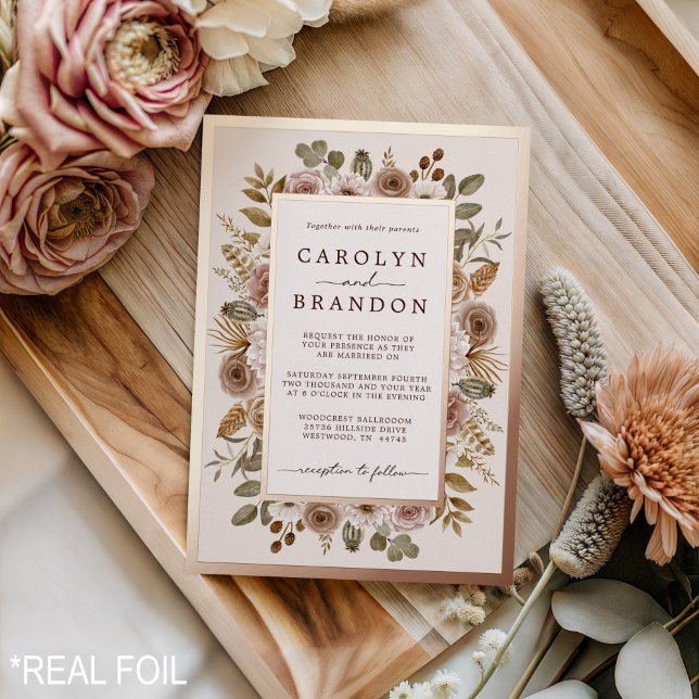 Rustic Elegant Boho Rose Gold Floral Wedding  Foil Foil Invitation (Rustic Elegant Boho Rose Gold Floral Wedding Foil Foil Invitation)