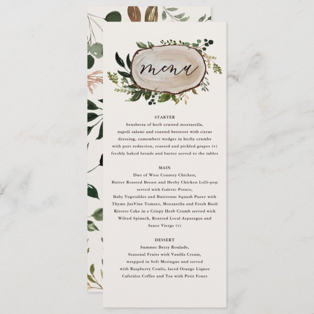 Rustic elegant botanical greenery wedding menu (Front/Back)