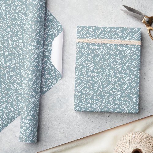 Rustic Elegant Botanical Leaves Dusty Blue Wrapping Paper