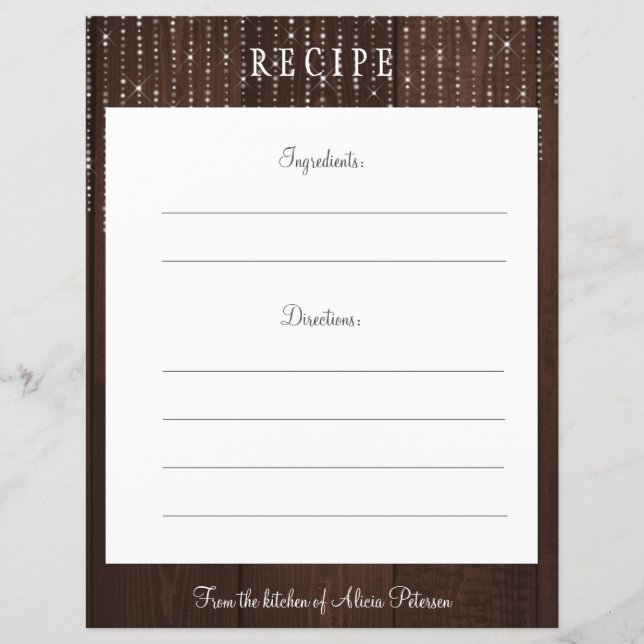 Rustic elegant brown barn wood lights recipe card (Front)