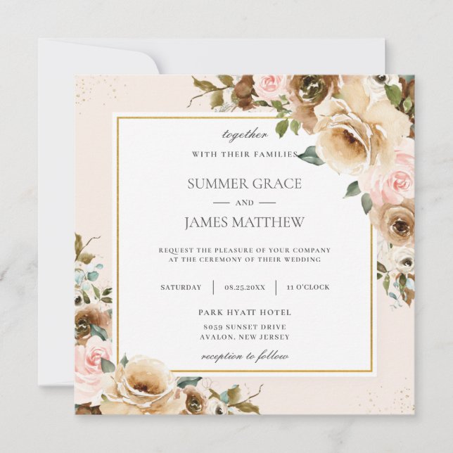 Rustic Elegant Brown Cream Blush Floral Greenery Invitation (Front)