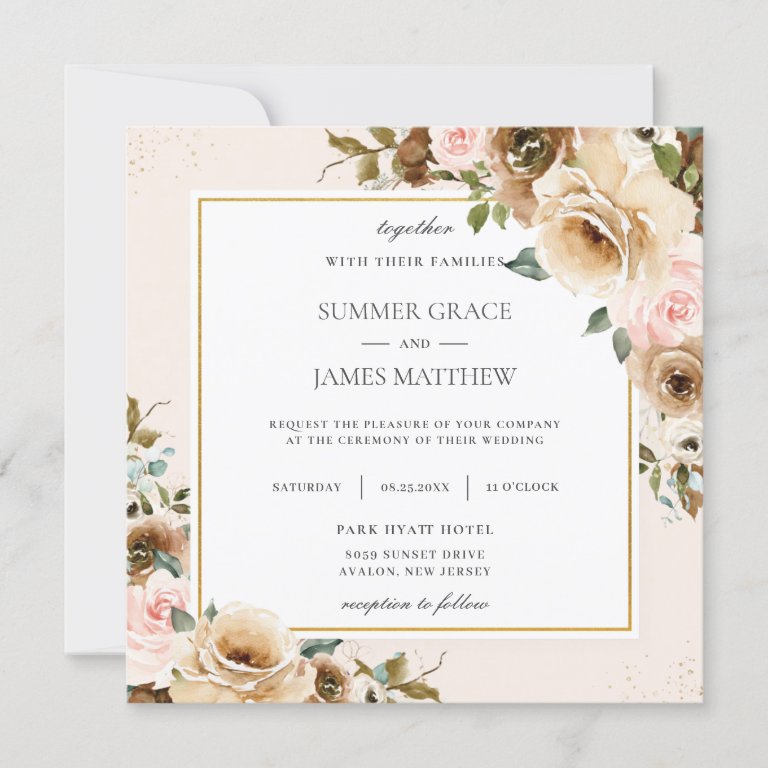 Rustic Elegant Brown Cream Blush Floral Greenery Invitation