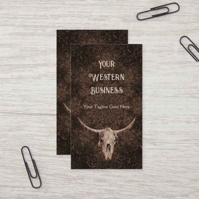 Rustic Elegant Brown Western Bull Skull Business Card (Front/Back In Situ)