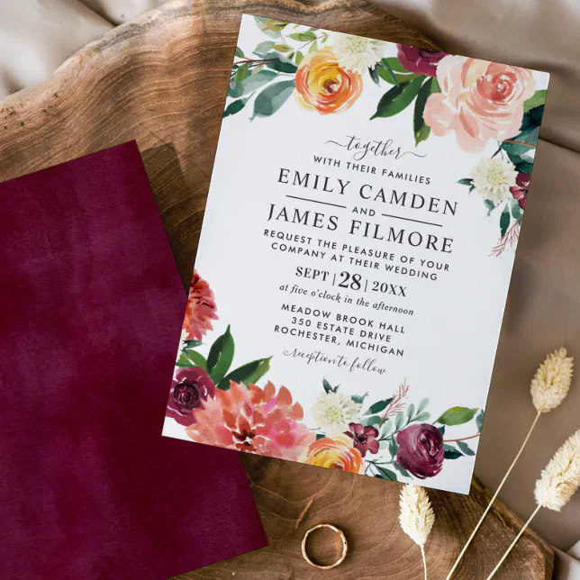 Rustic Elegant Burgundy Blush Fall Floral Wedding Invitation | Zazzle