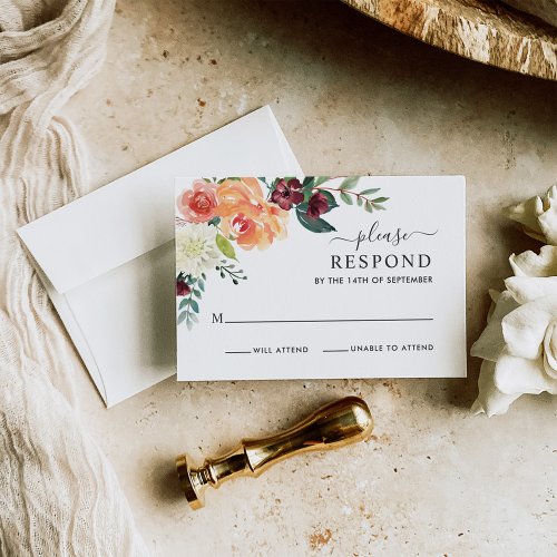 Rustic Elegant Burgundy Fall Floral Wedding RSVP Card