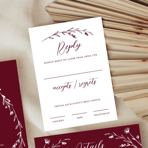 Rustic Elegant Burgundy Wildflower Wedding RSVP Card