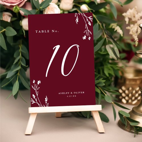 Rustic Elegant Burgundy Wildflowers Boho Wedding Table Number