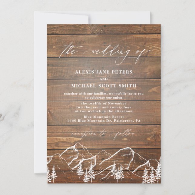 Rustic Elegant Calligraphy Wood Wedding Invitation (Front)
