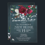 Rustic elegant Christmas housewarming party Invitation<br><div class="desc">Elegant chic winter housewarming party stylish invitation template on a dark midnight navy blue chalkboard featuring a beautiful red burgundy and white peony roses bouquet with dark green foliage, strings of white twinkle lights, and a handwritten calligraphy script. Easy to personalize with your details! The invitation is suitable for elegant...</div>