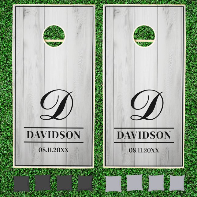 Rustic Elegant Custom Family Name Monogram Grey Cornhole Set (Creator Uploaded)
