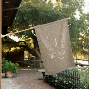 Rustic elegant custom family name monogram welcome house flag