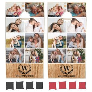 Rustic Elegant Custom Photo Collage with Monogram Cornhole Set