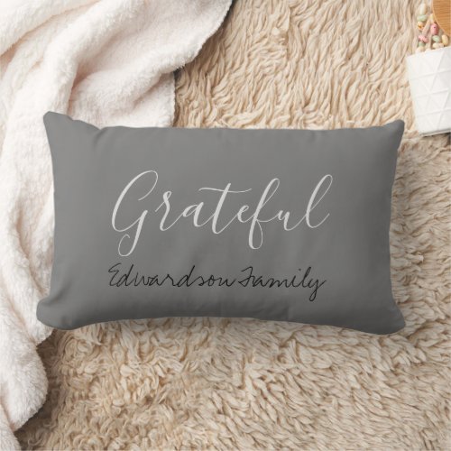 Rustic elegant dark gray grateful family name lumbar pillow