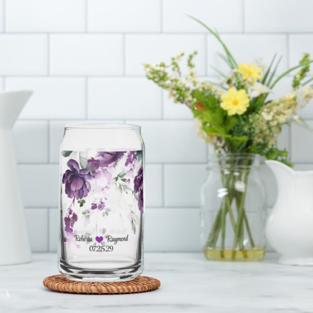 Rustic Elegant Dark Purple Peonies Can Glass (Elegant & Rustic Purple Peonies Monogram Wedding or Anniversary Glass)
