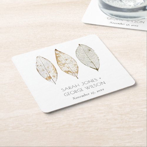 Rustic Elegant Dry Vein Gold Rust Leaves Wedding Square Paper Coaster