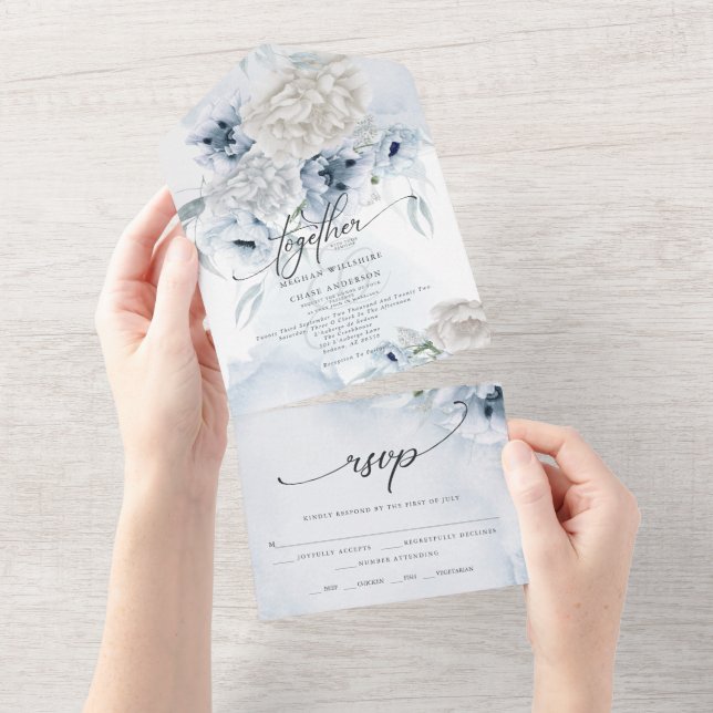 Rustic Elegant Dusty Blue Floral All In One Invitation (Tearaway)