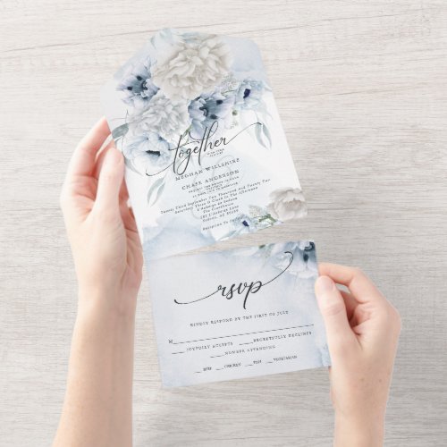 Rustic Elegant Dusty Blue Floral All In One Invitation