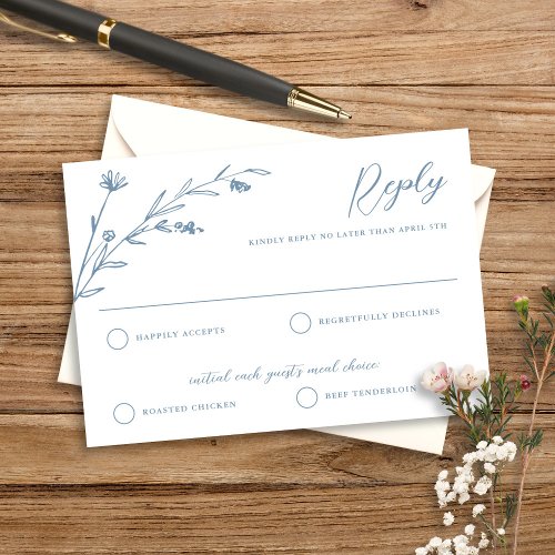 Rustic Elegant Dusty Blue Wildflower Wedding  RSVP Card