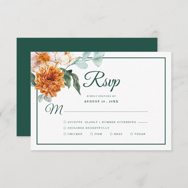 Rustic Elegant Emerald Green Floral Fall Wedding RSVP Card (Front/Back)