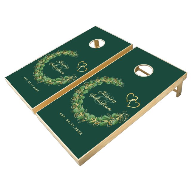 Rustic Elegant Emerald Green Wedding Party Cornhole Set (Angled)